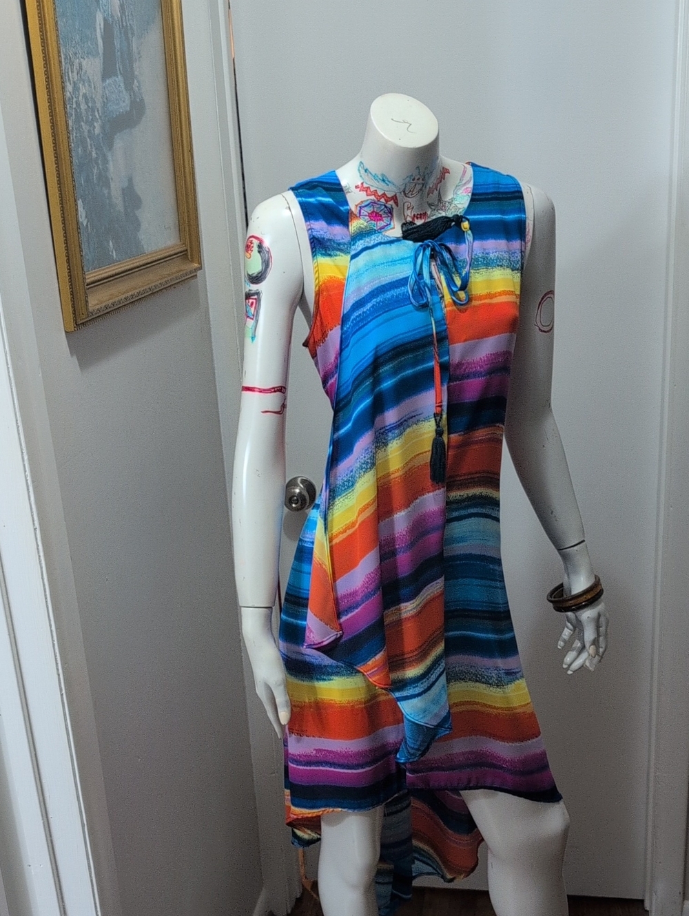 Cupio Rainbow Striped Sleeveless Tie-Neck Tunic